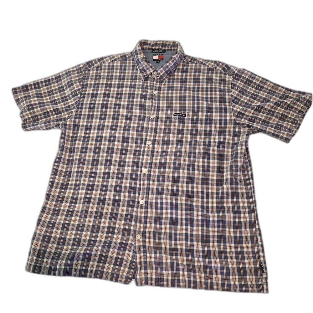 Vintage Tommy Jeans Men's Plaid Short Sleeve Button-Down Shirt XL 2001